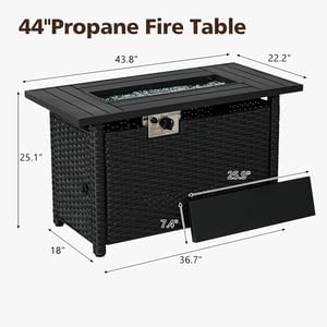 Aoxun 44" Propane Fire Pit 50,000 BTU Outdoor Wicker Fire Table with Wood-grainTabletop Patio Rectangular 2-in-1 Gas Fire Pit Table with Firepit Lid and Waterproof Cover（Black Rattan& Black Tabletop）