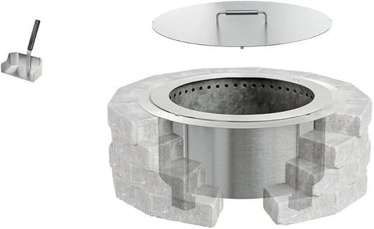 Breeo Smokeless Fire Pit Insert Bundle – X Series Insert Ring, Lid, and Ash Shovel Included – Fits Stone or Brick Surround 27" - 33" Diameter – Outdoor Fire Pit Upgrade - X24 Series, Stainless Steel