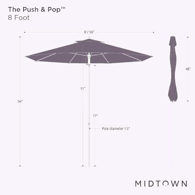 Midtown Umbrellas Push Pop Sunbrella Umbrella 8 Feet Outdoor Umbrella in Capri Fabric - Patio Umbrella, Backyard Umbrella, Garden Umbrella, Picnic Table Umbrella & Pool Umbrella - Black Pole