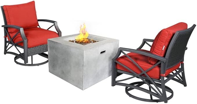 Kinger Home 32-Inch 3-Piece Outdoor Propane Smokeless Concrete Fire Pit Set for Patio, 50,000 BTU CSA Certified, Square, Red Cushion