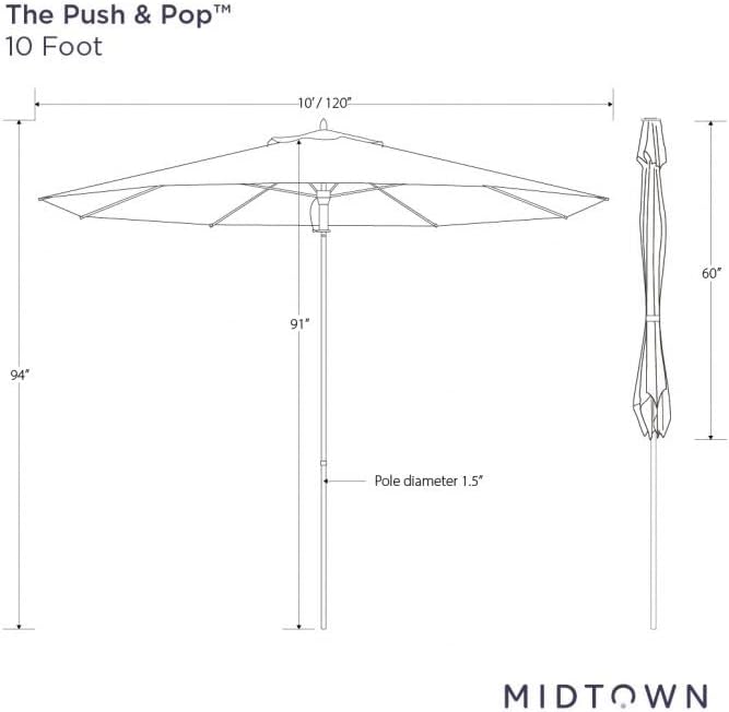 Midtown Umbrellas Push and Pop 10 Feet Outdoor Umbrella, Royal Blue Polyester Fabric - Fiberglass Ribs Deck Patio Umbrella, Backyard Umbrella, Garden Umbrella & Pool Umbrella - Black Pole