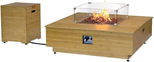 43-Inch Outdoor Propane Square Fire Pit Table, Super Stable Wood Frame 50,000 BTU CSA Certified Smokeless Firepit Table, Includes Side Table Weatherproof Cover Lava Rock for Families, Deck, Backyard