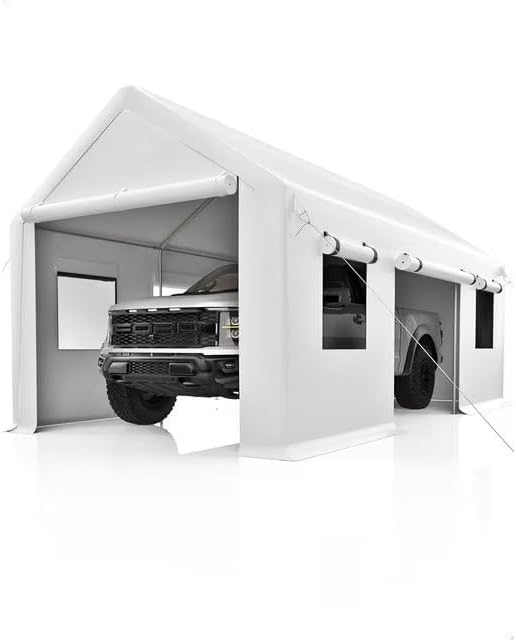 13x20Ft Heavy Duty Carport with PE Fabric and Galvanized Steel Frame,Portable Garage with Roll-Up Doors and 4 Windows,Car Canopy with All-Season Tarp for Car, Truck, Boat.