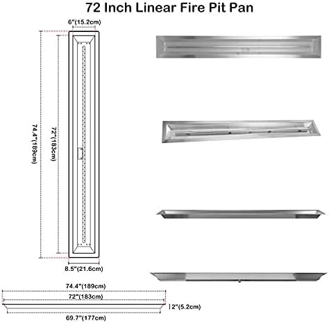 Stanbroil 72 by 6-Inch Linear Gas Fire Pit Burner, Stainless Steel Fire Pit Pan, Natural & Propane Gas Firepit for Outside DIY Firepit, BTU 175,000 Max