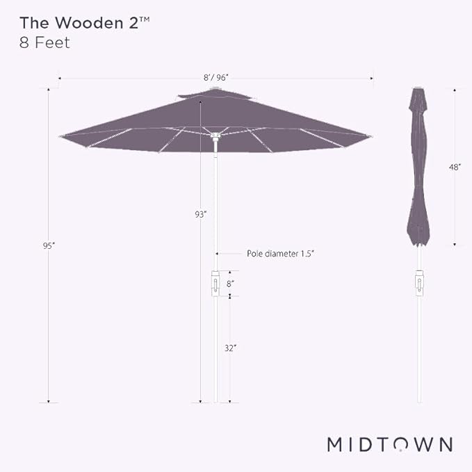 Midtown Umbrellas Wooden 2-8 Feet Outdoor Patio Umbrella, Terylast Dark Green Fabric, Aluminum Frame For Backyard Umbrella, Deck Umbrella, Garden Umbrella & Pool Umbrella - Wooden Pole