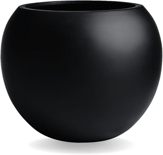 9.7" H x 12" D Globo Fiberstone Round Planter - Christmas Tree Planter, Smooth Finishes, Weather Resistant for Indoor & Outdoor Use, Included 2 Extra Coco Mats (Black, 7.8" Pot Opening)