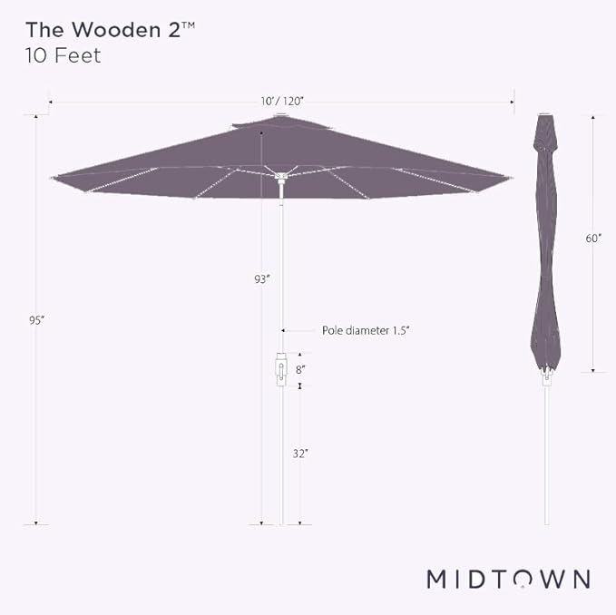 Midtown Umbrellas The Wooden 2-10 Feet Large Patio Umbrella, Terylast Red & White Stripes Fabric, Aluminum Frame For Backyard Umbrella, Deck Umbrella, Garden Umbrella & Pool Umbrella - Wooden Pole
