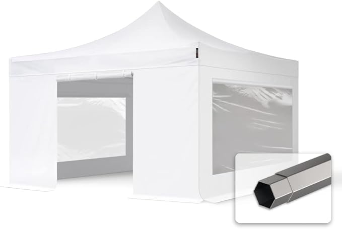 TOOLPORT 13x13 ft PES 750 Pop up Canopy Premium Steel 1.6 in., incl. 4 Sidewalls with Panorama Windows, White