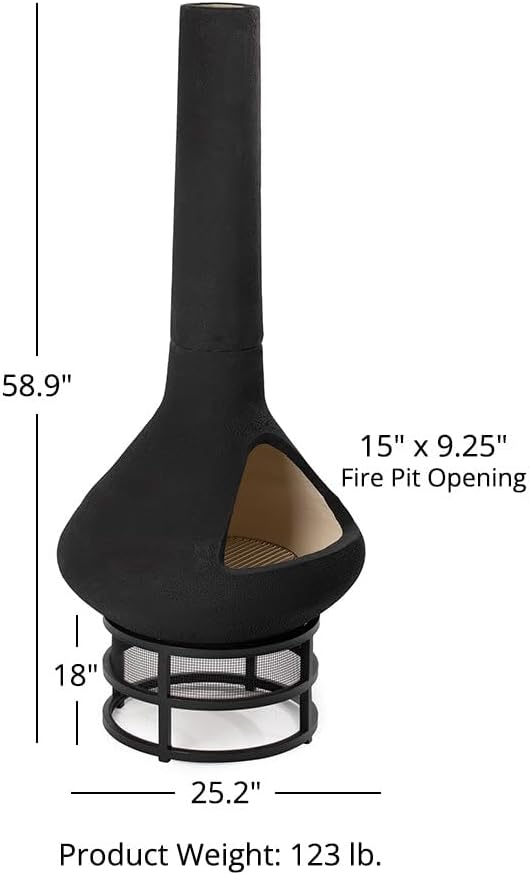 Ash & Ember Ceramic Chiminea Fire Pit with Stand, Smoke-Reducing Chimney, Semi-Enclosed Outdoor Fireplace for Backyard Patio or Deck, Cooking Grate and 18" Stand Included