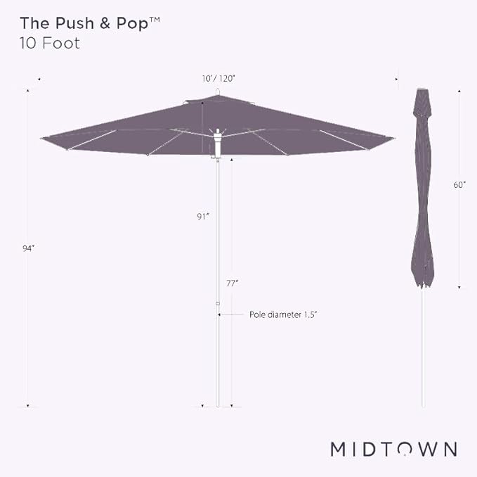 Midtown Umbrellas Push Pop Sunbrella Umbrella 10 Feet Large Outdoor Umbrella With Macaw Fabric - Deck Patio Umbrella, Backyard Umbrella, Garden Umbrella & Pool Umbrella - Black Pole