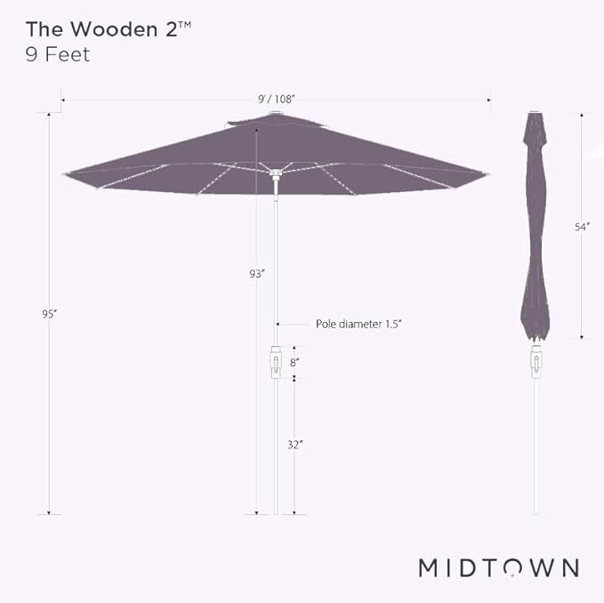 Midtown Umbrellas Sunbrella Umbrella Outdoor Patio Umbrella 2-9 Feet in Sunbrella Capri Acrylic Fabric, Auto-Tilt Aluminum Frame For Backyard Umbrella, Deck Umbrella & Porch Umbrella - Wooden Pole