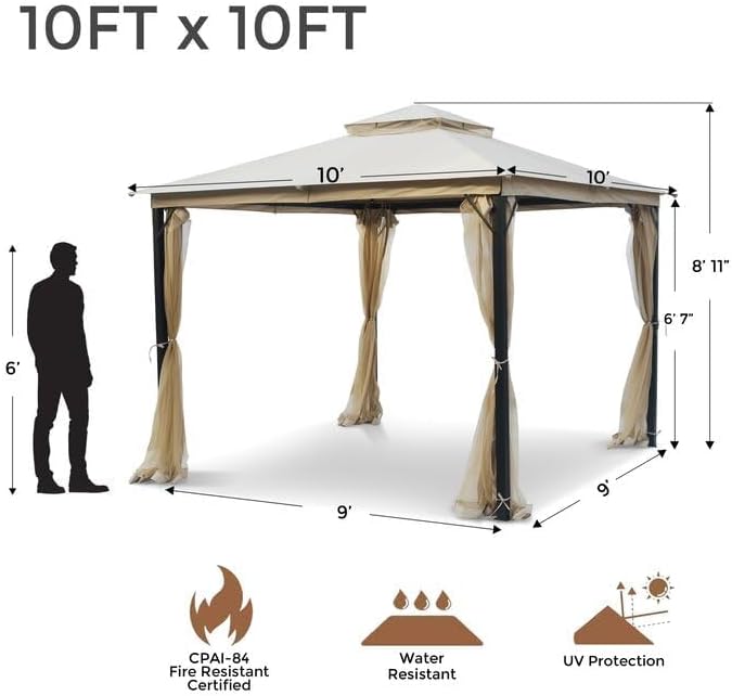 Outdoor Patio Gazebo 10x10, Heavy Duty Gazebos, Soft Top Gazebo with Metal Frame, Double Roof Canopy, Mosquito Nets, Permanent Pavilion for Decks & Backyards