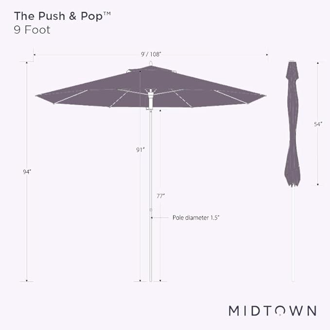 Midtown Umbrellas Push Pop Sunbrella Umbrella 9 Feet Outdoor Umbrella in Infused Gem Fabric - Patio Umbrella, Backyard Umbrella, Garden Umbrella, Picnic Table Umbrella & Pool Umbrella - Black Pole