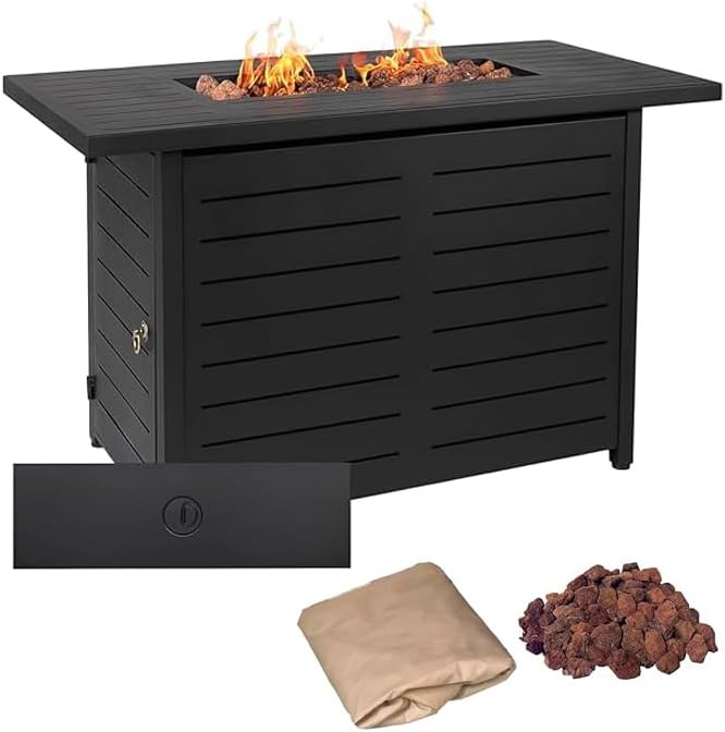 42" Outdoor Propane Fire Pit Table, Patio Rectangular Gas Fire Pit 2 in 1 Coffee Table with Firepit, 50,000 BTU, Waterproof Cover, Powder-Coated Stainless Steel with Lava Rock, CSA Certified