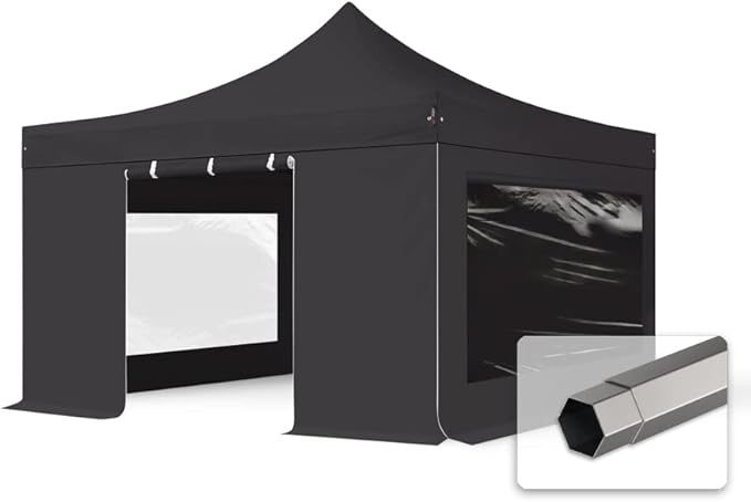 TOOLPORT 13x13 ft PES 750 Pop up Canopy Premium Steel 1.6 in., incl. 4 Sidewalls with Panorama Windows, Black