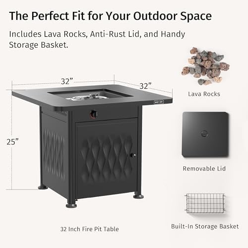 EAST OAK 32'' Propane Fire Pit Table, 50,000 BTU Steel Gas FirePit for Outdoor, Outside Patio Deck and Garden, CSA Certified Fire Table with Magnetic Lid, Cover-Storage Basket and Lava Rock, Black