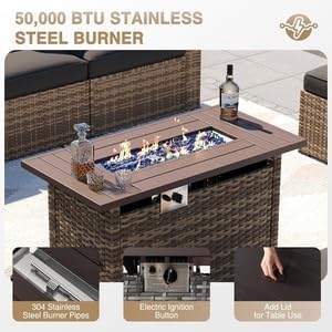 Aoxun 44" Propane Fire Pit 50,000 BTU Outdoor Wicker Fire Table Patio Rectangular 2-in-1 Gas Fire Pit Table with Firepit Lid and Waterproof Cover（Brown Rattan，Brown Top）