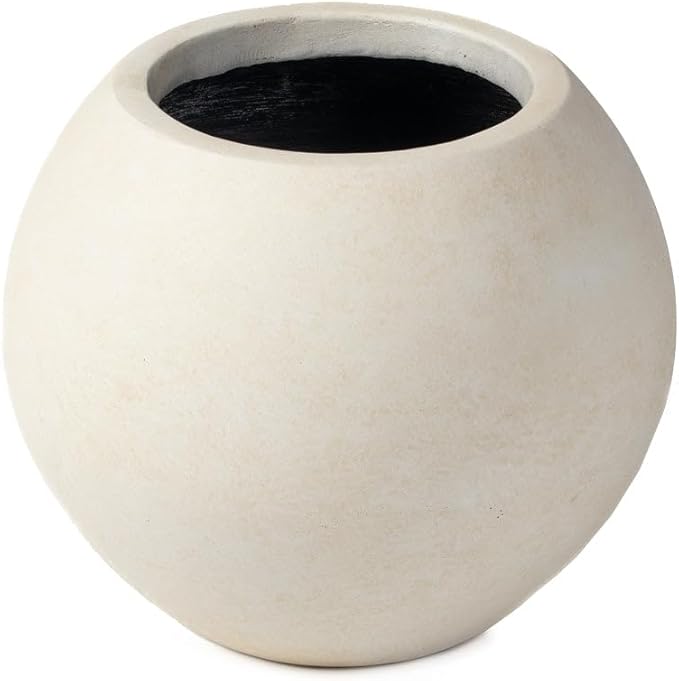 Ash & Ember 16" Round Sphere Satin Ivory Planter, 14 Gallon Lightweight Fiberstone Composite with Weather-Resistant Finish, Modern Planter Pot for Indoor and Outdoor Plants