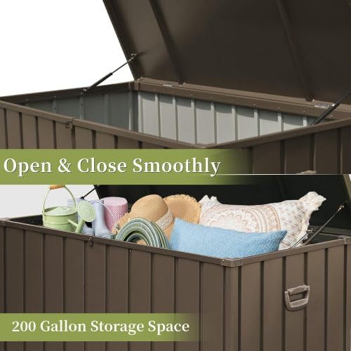 JOSHEN 200 Gallon Outdoor Storage Deck Box with Lockable and Mobile Roller, Large Steel Container Bin with Waterproof and UV Resistant for Garden, Patio, Dark Brown