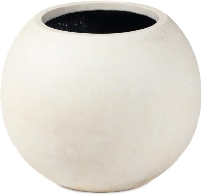 Ash & Ember 24" Round Sphere Satin Ivory Planter, 46 Gallon Lightweight Fiberstone Composite with Weather-Resistant Finish, Modern Planter Pot for Indoor and Outdoor Plants