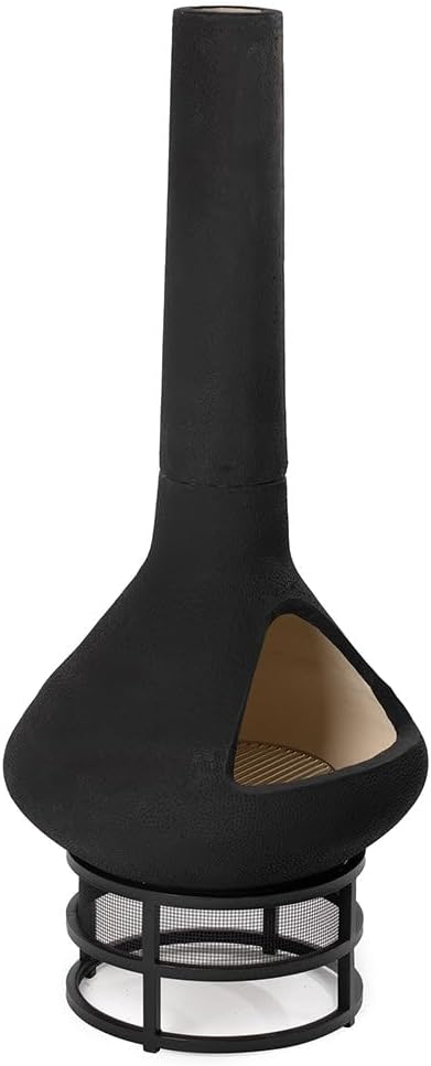 Ash & Ember Ceramic Chiminea Fire Pit with Stand, Smoke-Reducing Chimney, Semi-Enclosed Outdoor Fireplace for Backyard Patio or Deck, Cooking Grate and 18" Stand Included