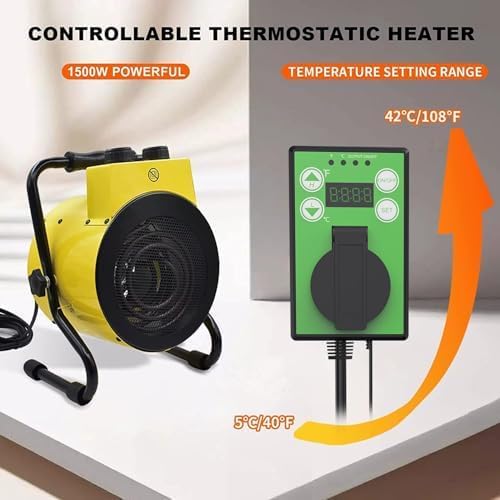 1500W Greenhouse Heater with Digital Thermostat, Outdoor Heater with Overheat Protection and 3-Second Rapid Heating Function, outdoor heaters for patio Garage, Greenhouse, Flower House Yellow