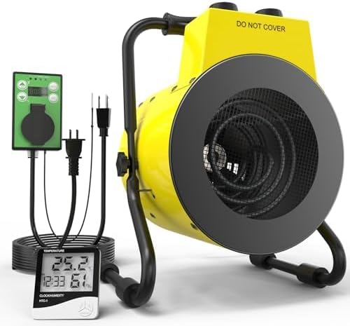 1500W Greenhouse Heater with Digital Thermostat, Outdoor Heater with Overheat Protection and 3-Second Rapid Heating Function, outdoor heaters for patio Garage, Greenhouse, Flower House Yellow