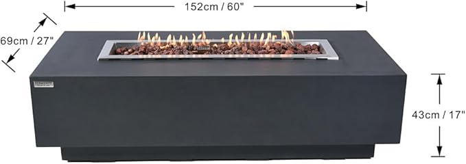 Granville Concrete Fire Pit 60" x 27" Outdoor Patio Firepit Includes Lava Rocks Modern Fire Pits & Outdoor Fireplaces for Garden, Deck, Indoor & Outdoor Heating
