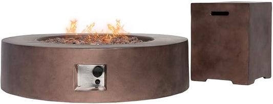 HOMPUS 2 Pcs Propane 42-inch Round Bronze Concrete Fire Table with Tank Cover, Lava Rocks and Rain Cover, 50,000 BTU Patio Fire Pit Table Set for Outdoor