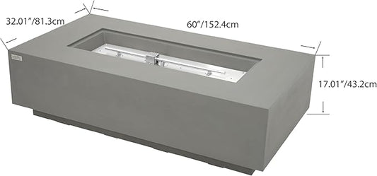 AMS Creations | Madison 60" Bundle Rectangular Natural Gas Outdoor Fire Pit Table | Light Gray Concrete GFRC | Smooth Texture or Surface | Electronic Ignition | Outside Backyard Fireplace