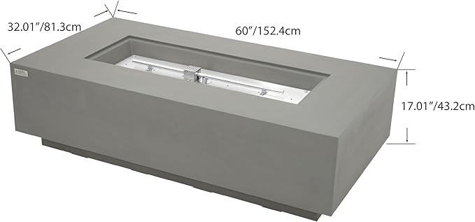 AMS Creations | Madison 60" Rectangular Propane Gas Outdoor Fire Pit Table | Light Gray Concrete GFRC | Smooth Texture or Surface | Electronic Ignition | Outside Backyard Fireplace