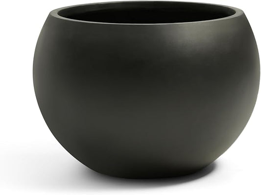 Fiberstone Sphere Planter, Black 15.8" Dia Round Flower Pot with Drainage Hole and Removable Plug, Round Plant Pot for Indoor Outdoor Use, 11.8" Opening-10.9" H, Medium