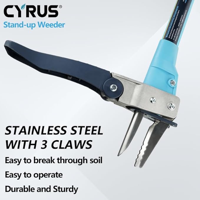 CYRUS Weed Puller Tool - 3-Claw 39‘’ Gardening Hand Tool with Ergonomic Aluminum Handle, High-Resilience Spring & Stainless Steel Teeth for Easy Weed Removal
