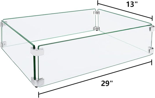 Fire Pit Wind Guard, 29"x13" Square Fire Pit Glass Wind Guard Made of Clear Tempered Glass, Set with Assembly Instructions, Free Screwdriver, Easy to Install