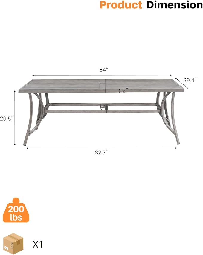 SEEHILL Aluminum Outdoor Dining Table for 8, 84" Rectangle Patio Dining Table with 2.2" Umbrella Hole, 8 Person Outdoor Dining Tables for Deck, Backyard, Garden, Poolside, Limed Oak