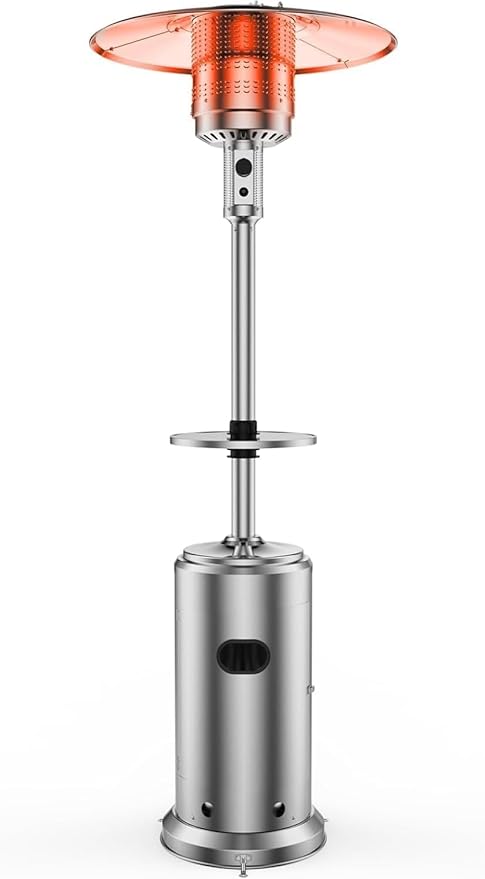 48000BTU Outdoor Propane Patio Heater with Wheels, Triple Safety Protection, Stainless Steel Burner, Includes Round Table for Porch, Camping, Backyard Use, Silver