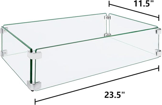 Fire Pit Wind Guard, 23.5"x11.5"x6" Glass Wind Guard for Fire Pit Square Table, Made of Clear Tempered Glass, Set with Assembly Instructions, Easy to Install