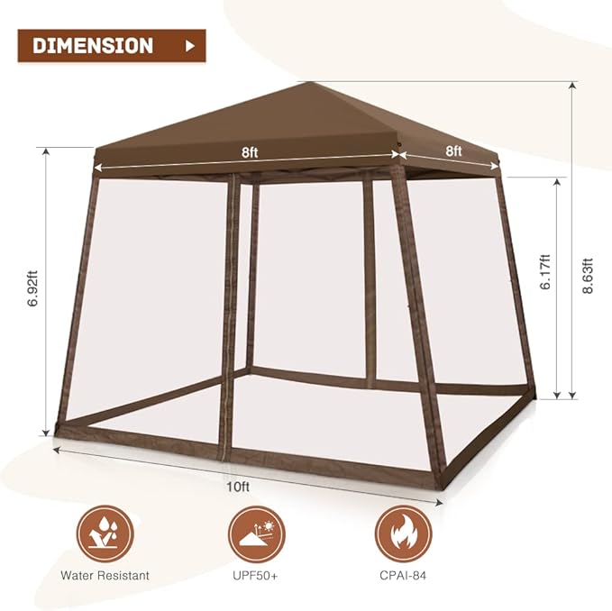 INTER HUT 10x10 Pop up Canopy Tent with Mesh Netting, Slant Leg Instant Screened House Gazebo, Brown