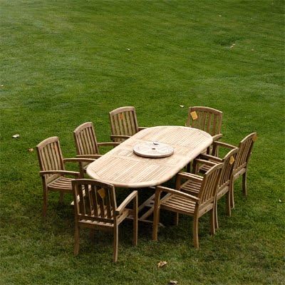 Grade-A Teak Outdoor Dining Set-95"X40" 9 Pieces | Oval Double Extension Table & 8 Java Arm Chairs & Umbrella | Wooden Outdoor Seating for Garden Fine Sanded, Natural Finish