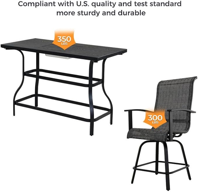 Grand patio 5-Piece Counter Height Patio Bar Set, Swivel Bar Stools and Faux Wood Grain Dining Table with Ice Bucket for Outdoor Kitchen Bistro Small Space Restaurant, Black&Grey Plaid