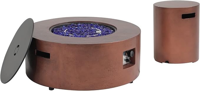 SUNSIT Propane Tank Cover Table, 20 lb Tank Holder, Concrete Storage Box with Handles, Round Hideaway Table for Gas Fire Pit, Bronze