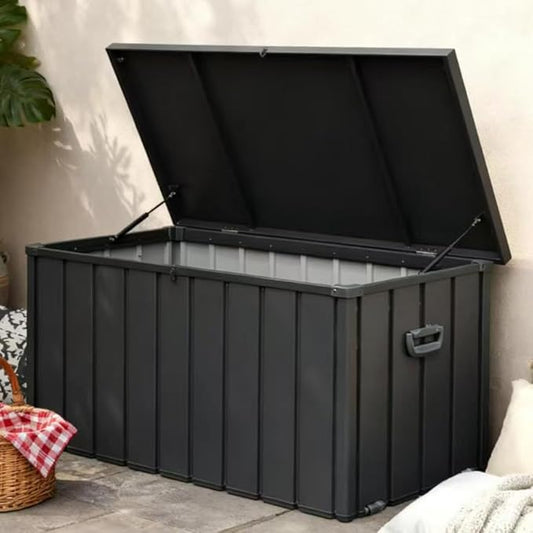 JOSHEN 200 Gallon Outdoor Storage Deck Box with Lockable and Mobile Roller,Large Steel Container Bin with Waterproof and UV Resistant for Garden,Patio,Dark Gray