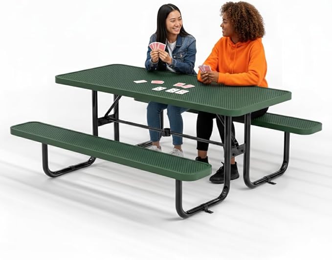 OUTTANS Commercial Heavy-Duty Metal Picnic Table - ADA Compliant, Adjustable Seats, Umbrella Hole (Green, 6' Rectangular, Punched Steel)