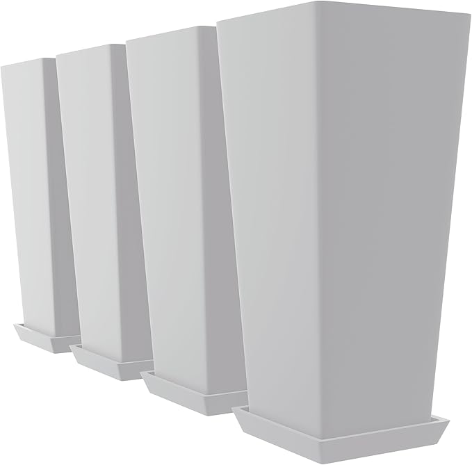 Set of 4 24" Tall Plastic Planters with Trays, Large Tapered Plant Pots for Indoor Outdoor Use, Modern Decorative Planters for Porch, Patio, Garden, and Backyard