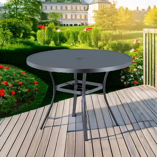 VICLLAX Round Patio Dining Table, 41 inch Metal Outdoor Dining Table with Umbrella Hole for Garden Lawn Balcony Deck, Dark Grey