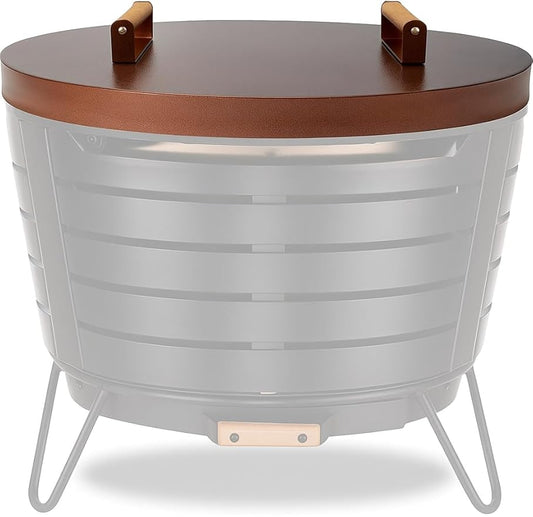 25.5” firepit lid round for inside up to 23” gas fire pit lid for Outdoor Fireplace Cover Lid Steel fire pit metal cover W/ Wooden Handle & Bronze Coated Snuffer Lid for Round Patio Fire Pit Ring