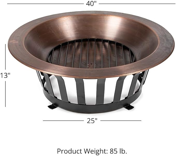 Ash & Ember 40" Copper Outdoor Fire Pit with Solid Steel Base, Grate and Fire Iron Tool Included, Perfect for Backyard Fires and Gatherings