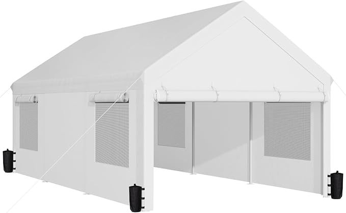 Shintenchi Carport 10' x 20' Heavy Duty Portable Garage, Carport Canopy with Side-Opening Door & Roll-Up Windows, Car Canopy for Truck,Car,Boat,White/Silver