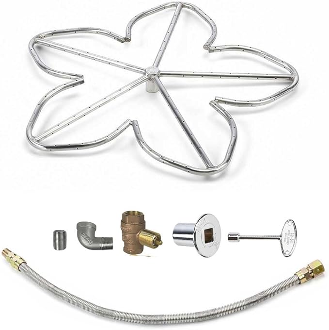 HPC Penta Match Lit Fire Pit Burner Kit (FPS-PENTA30KIT-NG-MSCB) with 30-Inch Stainless Steel Burner, Natural Gas, Polished Chrome, with Flange, Key, Valve, Flex Line and Fittings