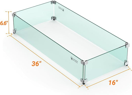 Skyflame 36" X 16" Rectangular Fire Pit Glass Wind Guard Replacement for Outdoor